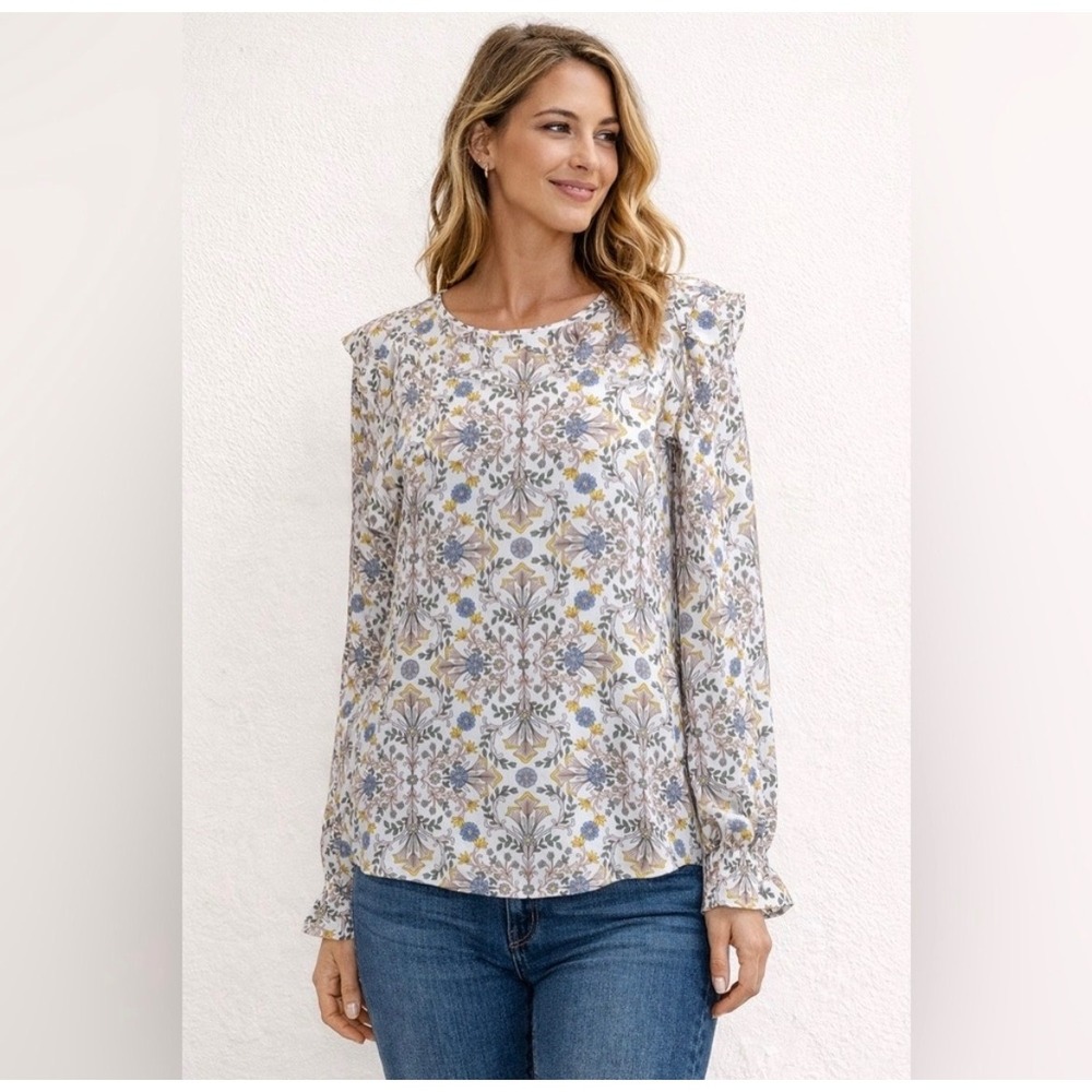 LOFT Floral Damask Ruffle Shoulder Blouse Long Sleeve Top M Cottage Romantic